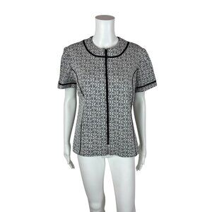 Vintage 70s Zip Up Top Women's Large Black White Geometric Pattern Mod Shirt